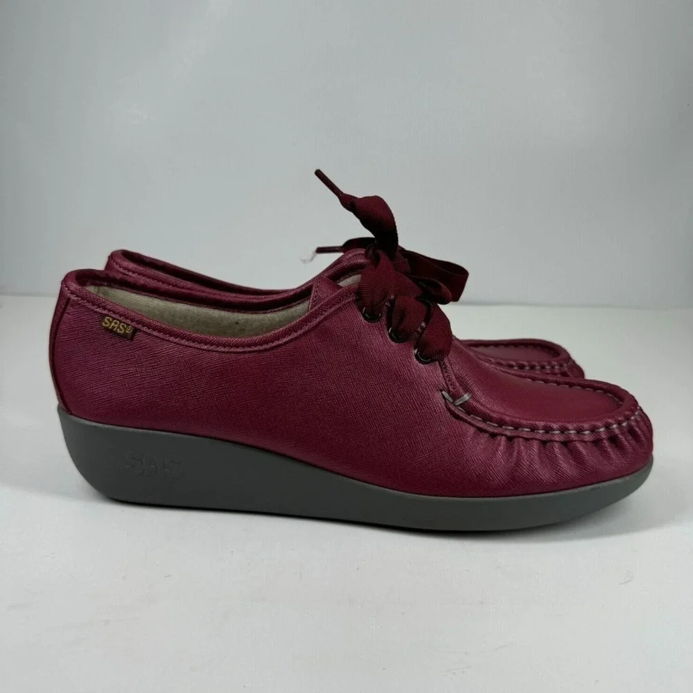 SAS Bounce Women's 11.5M Cranberry Burgundy Leather Lace-Up Wedge Moccasin Shoes